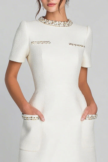 Ivory Round Neck Sheath Work Dress with Beading